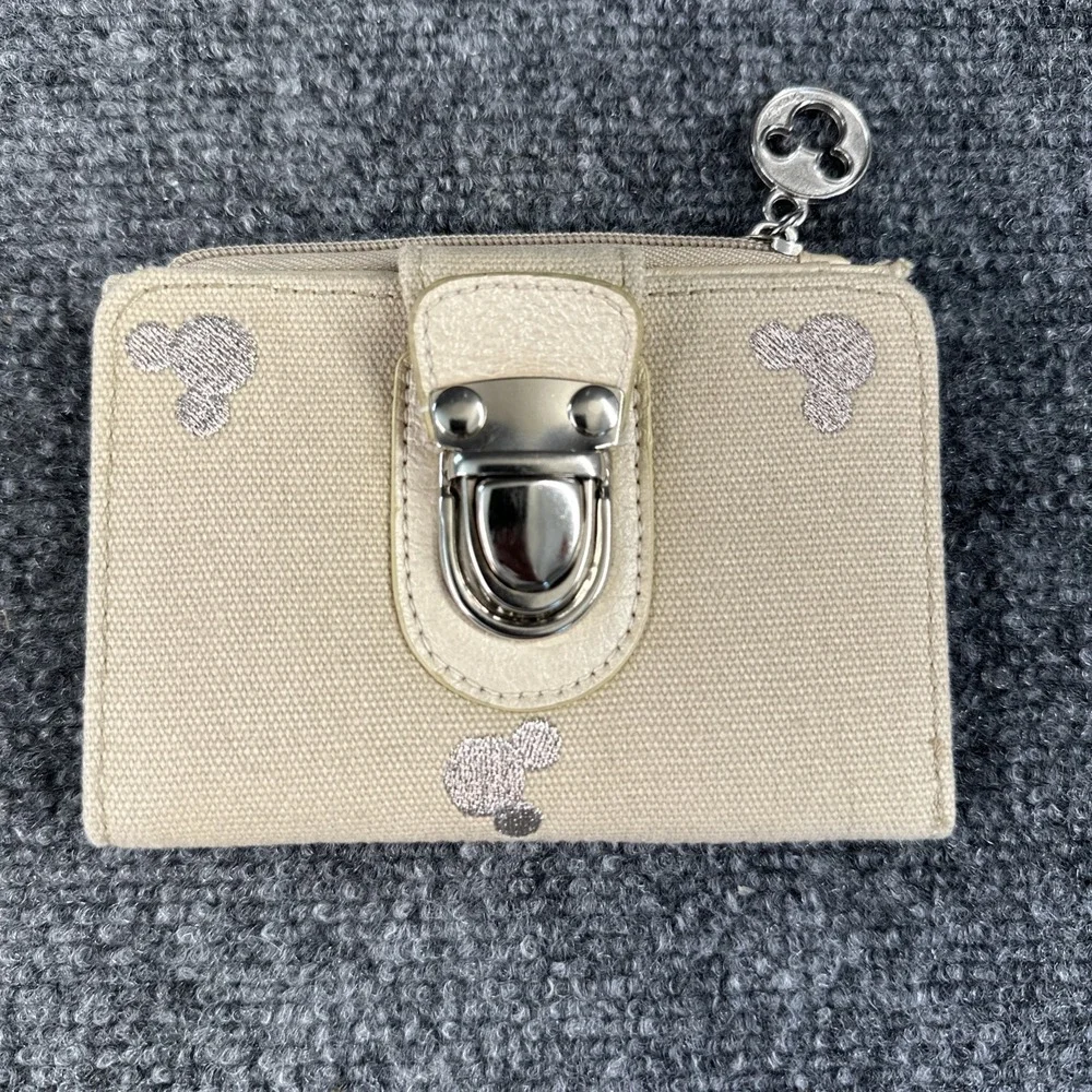 Vintage Disney Womans Wallet Cream Colored Canvas-Embroidered Mickey Mouse Ears